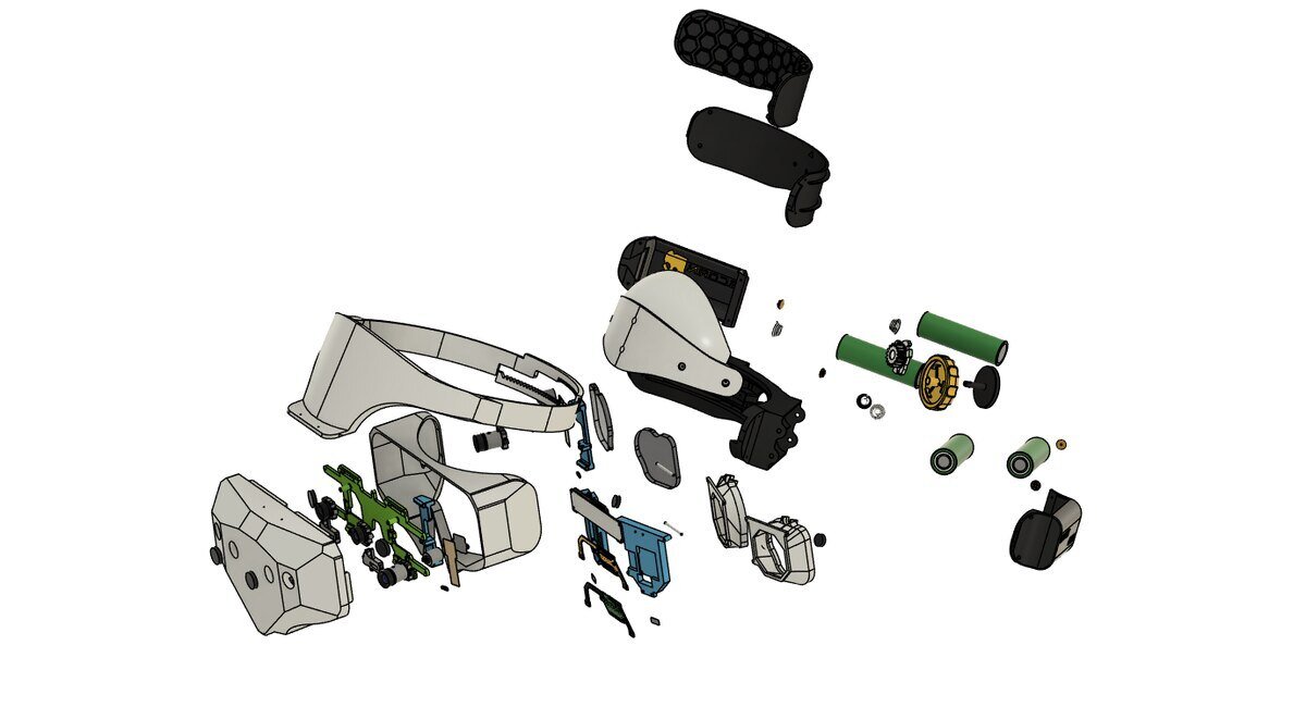 An exploded view of the headset showing every separable part.